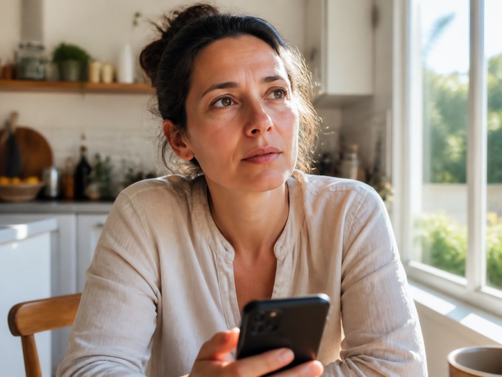 A woman at a sunlit kitchen table has just lowered her phone and looks away, caught between longing and tiredness