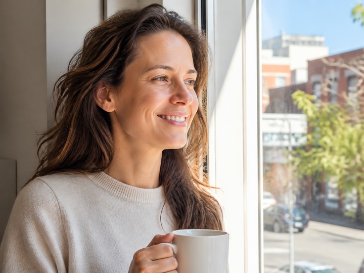 A woman by a bright window the next morning, coffee in hand, shoulders dropped