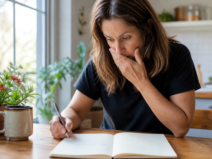 A woman at a bright kitchen table, hand at her mouth, looking at one line she has just written in a notebook
