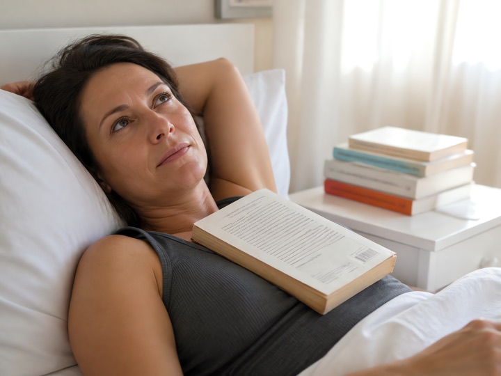 A woman lying on a bright bed with a well-read paperback on her chest, a stack of self-help books beside her, an unconvinced half-smile