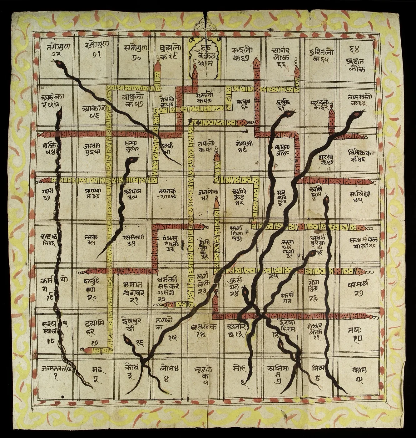 A hand-painted gyan chaupar chart on paper, squares labelled in Devanagari, with black snakes and yellow and red ladders between them